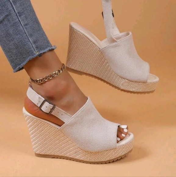 Women's Platform Wedge Sandals, Peep Toe Buckle Strap Slingback Shoes - Picture 1 of 6